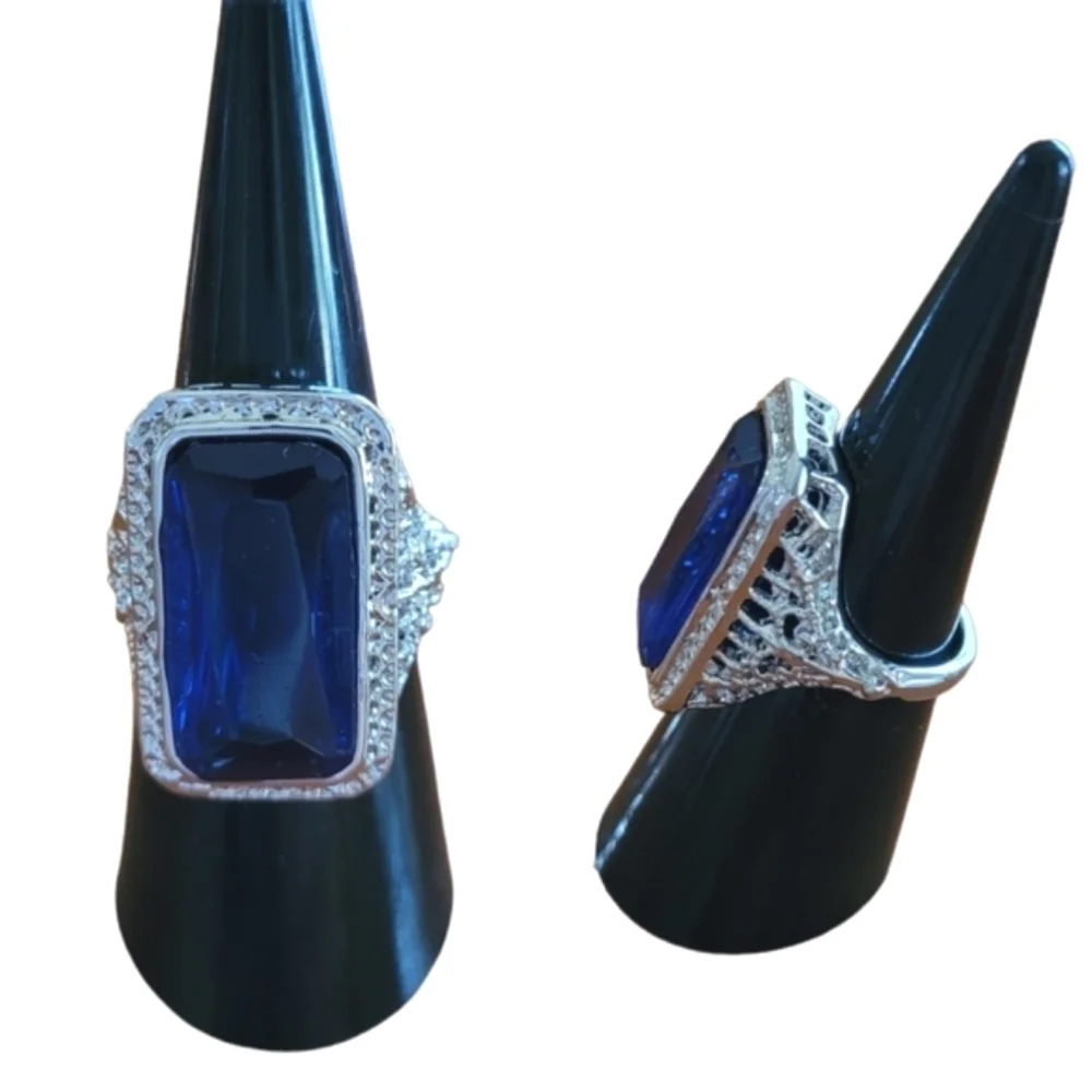 Blue Faux Sapphire Emerald‎ Cut Cocktail Ring Silver Halo Filigree Band Size 7